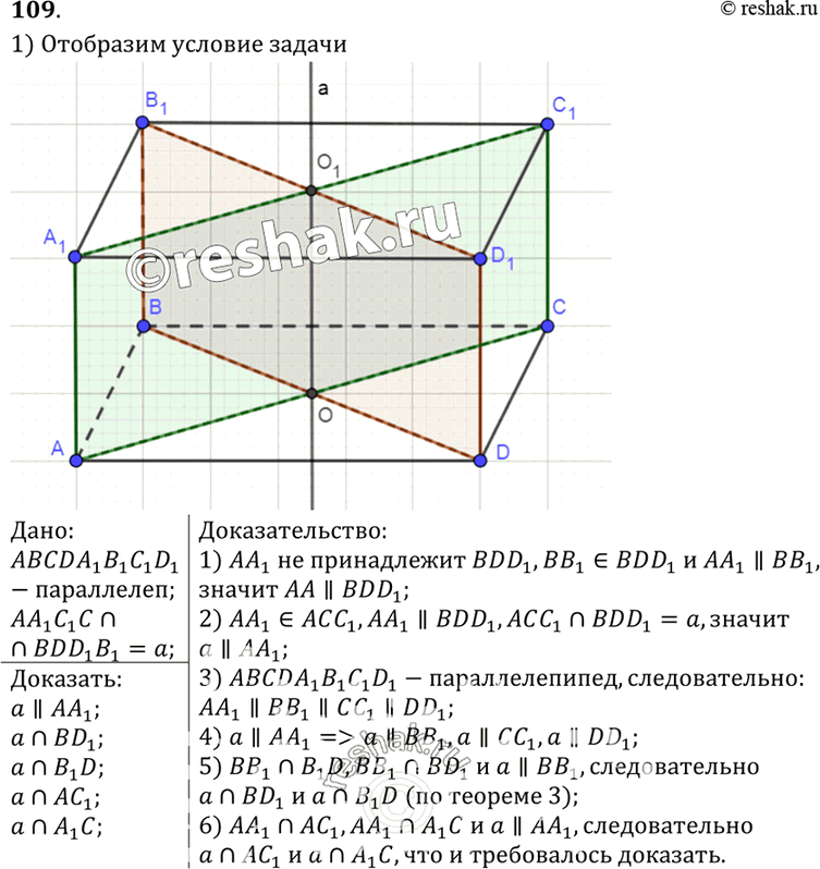 Изображение 109 Две плоскости, каждая из которых содержит два боковых ребра параллелепипеда, не принадлежащих одной грани, пересекаются по прямой а. Докажите, что прямая а...
