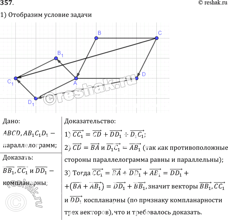Изображение 357 Даны параллелограммы ABCD и AB1C1D1. Докажите, что векторыBB1, CC1 и DD1...