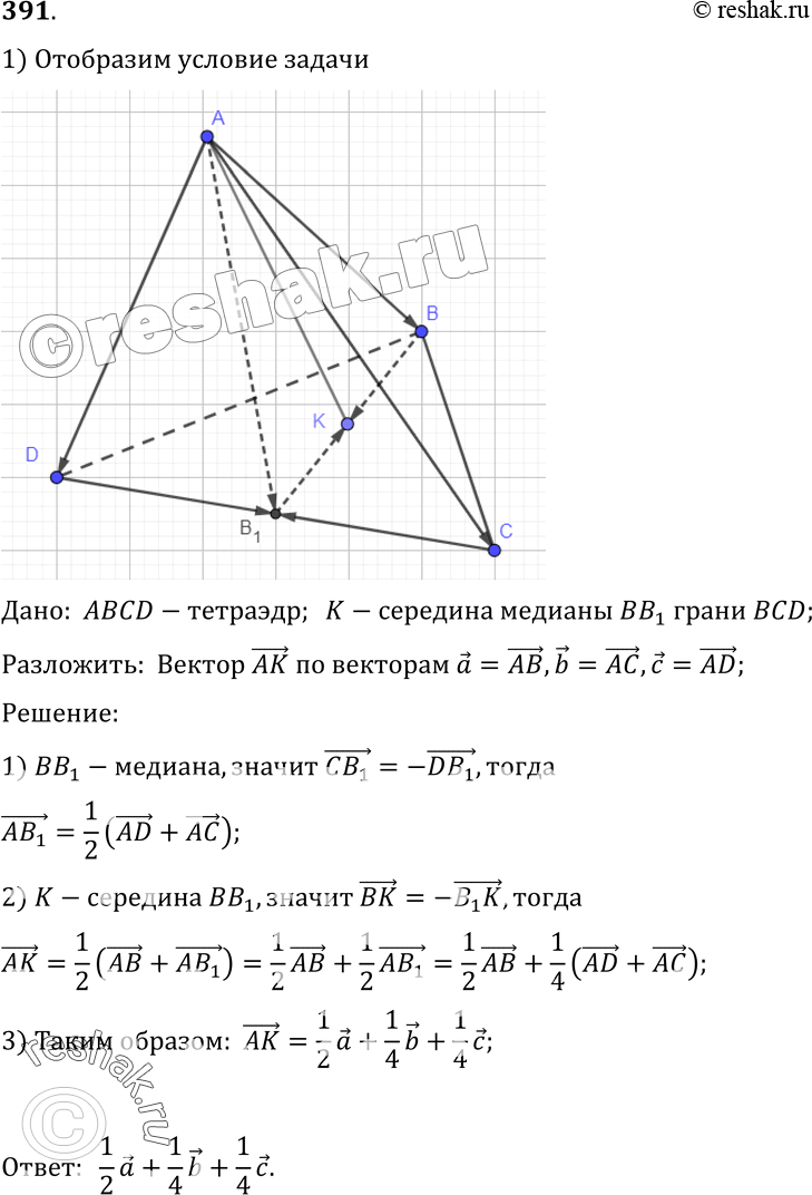 Изображение 391 B тетраэдре ABCD точка K — середина медианы BB1 грани BCD.Разложите вектор AK по векторам а = AB, b - AC, с -...