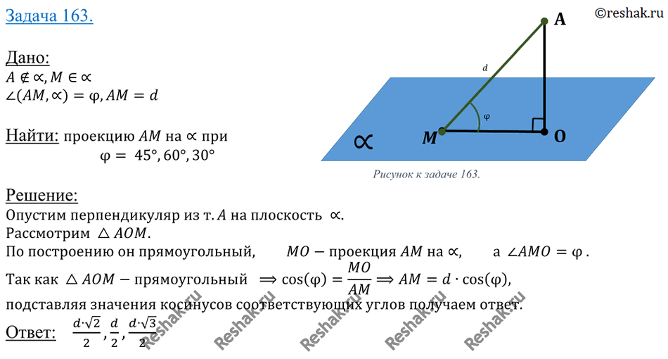 Изображение 163 Наклонная AM, проведенная из точки A к данной плоскости, равна d. Чему равна проекция этой наклонной на плоскость, если утол между прямойАМ и данной плоскостью...