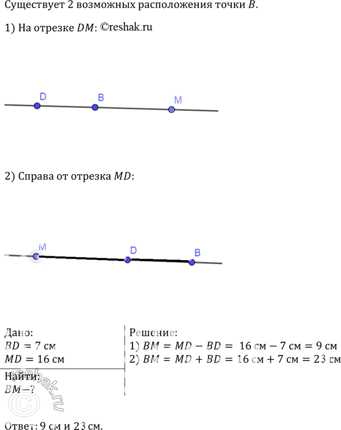 Изображение Точки Б, D и М лежат на одной прямой. Известно, что BD= 7 см, MD= 16 см. Каким может быть расстояние...