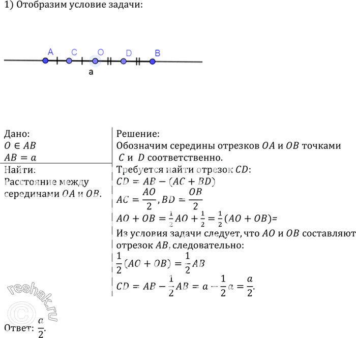 Изображение Отрезок, длина которого равна а, разделён произвольной точкой на два отрезка. Найдите расстояние между серединами этих...